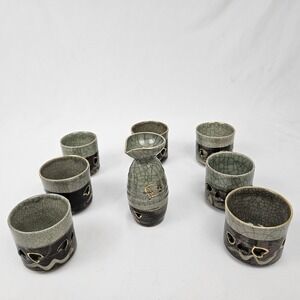SOMAYAKI OTAGIRI Sake Carafe W/ 6 Cups Crackle Glaze Tokkuri JAPAN Double Wall